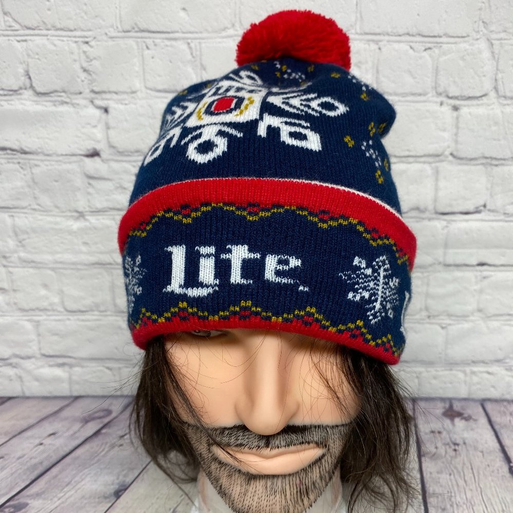 Miller Lite Beer Beanie Winter Hat Cap Knit Toque Navy Blue Red Christmas Pom